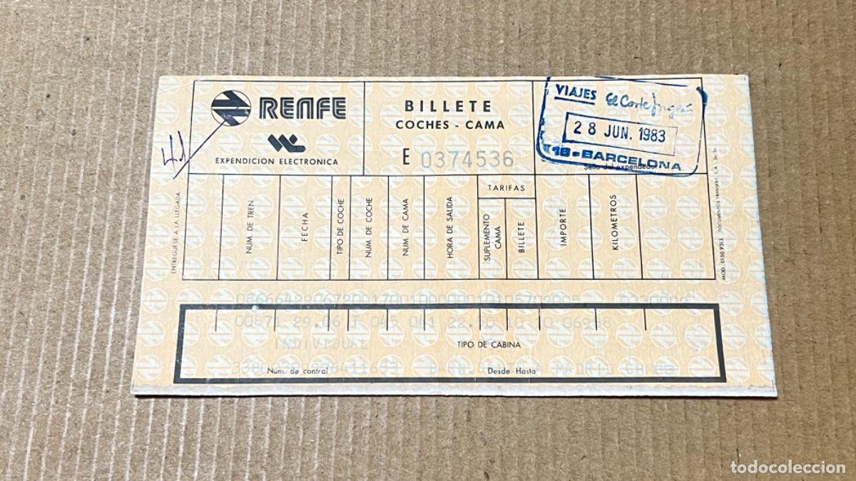 Coleccionismo billetes de transporte: Billete de tren ferrocarril coche cama BARCELONA viajes EL CORTE INGL&Eacute;S 1983