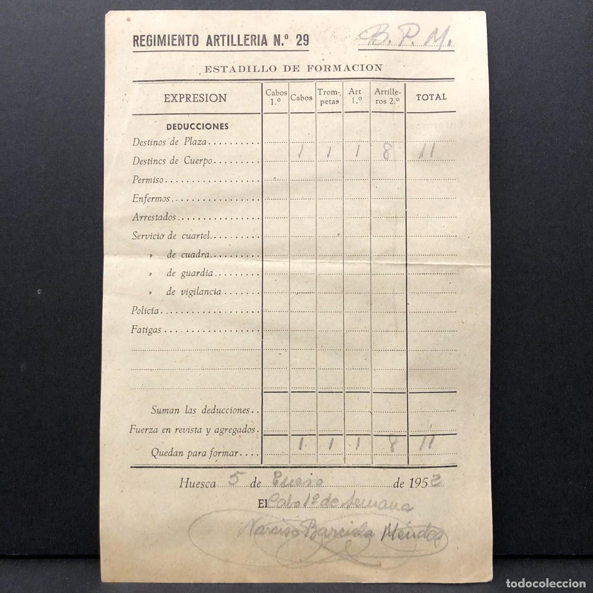 Coleccionismo billetes de transporte: REGIMIENTO ARTILLERIA DE MONTA&Ntilde;A NUM. 29 - HUESCA - ESTADILLO DE FORMACION - DOCUMENTO MILITAR / 516