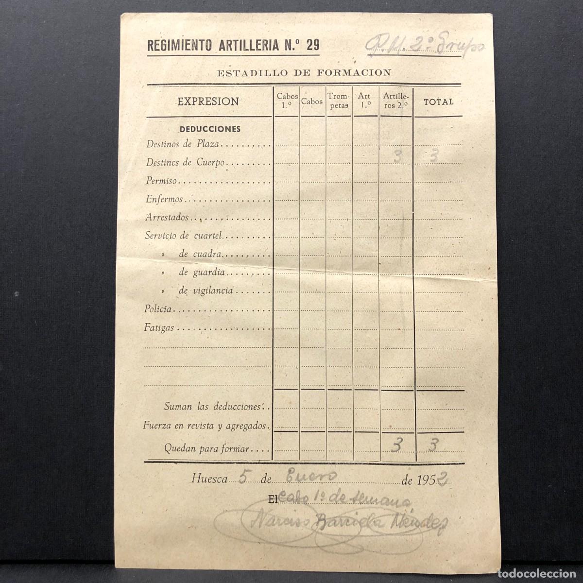 Coleccionismo billetes de transporte: REGIMIENTO ARTILLERIA DE MONTA&Ntilde;A NUM. 29 - HUESCA - ESTADILLO DE FORMACION - DOCUMENTO MILITAR / 517