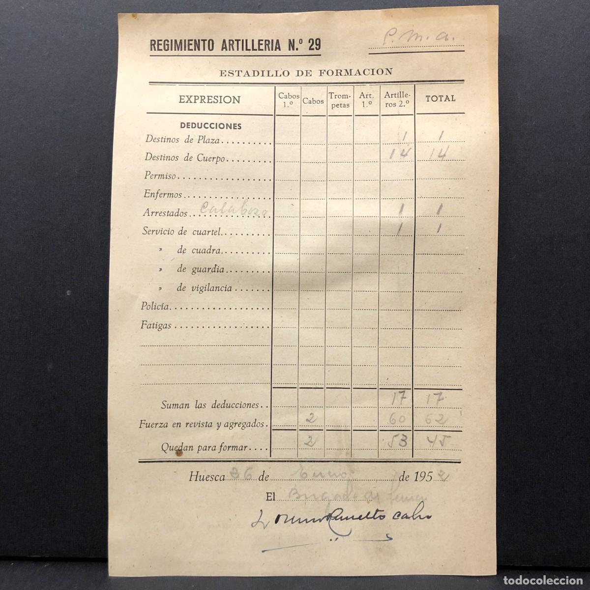 Coleccionismo billetes de transporte: REGIMIENTO ARTILLERIA DE MONTA&Ntilde;A NUM. 29 - HUESCA - ESTADILLO DE FORMACION - DOCUMENTO MILITAR / 519