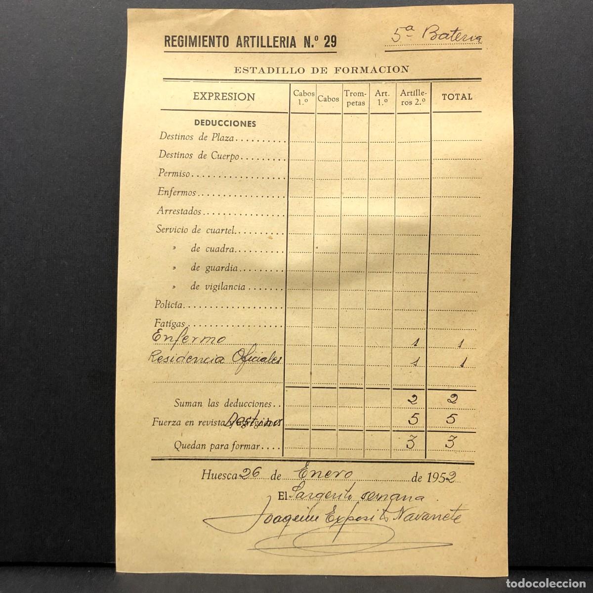 Coleccionismo billetes de transporte: REGIMIENTO ARTILLERIA DE MONTA&Ntilde;A NUM. 29 - HUESCA - ESTADILLO DE FORMACION - DOCUMENTO MILITAR / 520