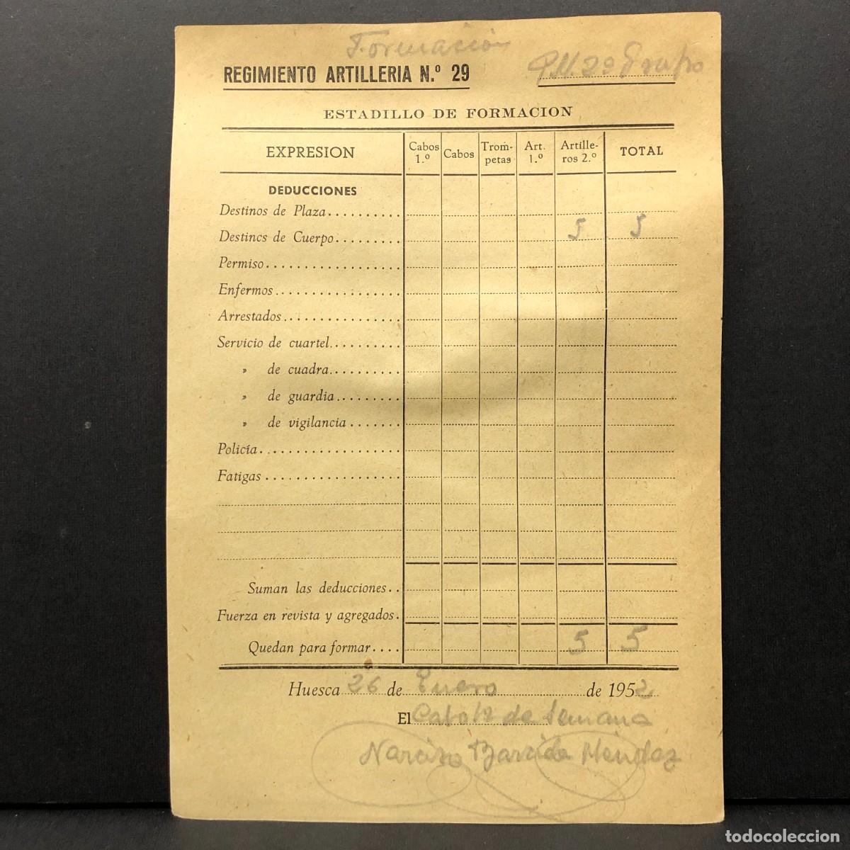 Coleccionismo billetes de transporte: REGIMIENTO ARTILLERIA DE MONTA&Ntilde;A NUM. 29 - HUESCA - ESTADILLO DE FORMACION - DOCUMENTO MILITAR / 521