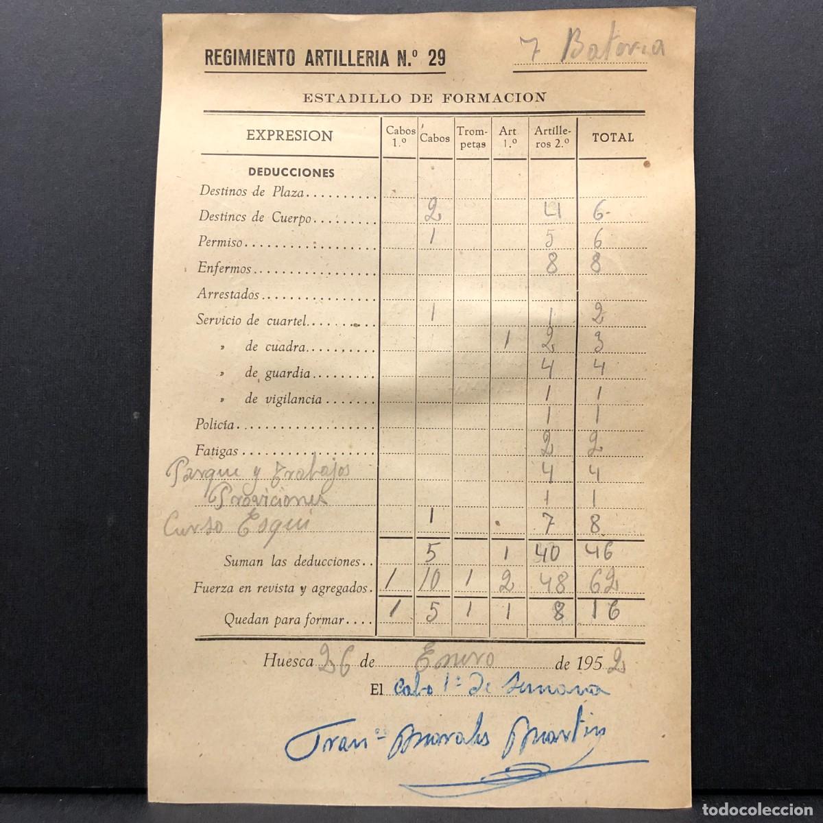 Coleccionismo billetes de transporte: REGIMIENTO ARTILLERIA DE MONTA&Ntilde;A NUM. 29 - HUESCA - ESTADILLO DE FORMACION - DOCUMENTO MILITAR / 522
