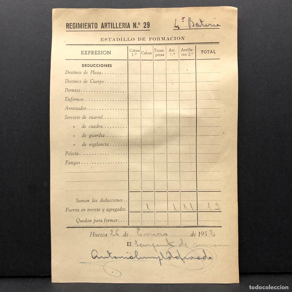 Coleccionismo billetes de transporte: REGIMIENTO ARTILLERIA DE MONTA&Ntilde;A NUM. 29 - HUESCA - ESTADILLO DE FORMACION - DOCUMENTO MILITAR / 523