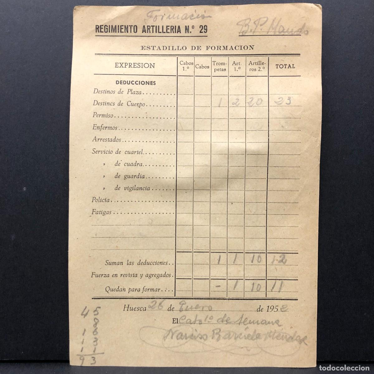 Coleccionismo billetes de transporte: REGIMIENTO ARTILLERIA DE MONTA&Ntilde;A NUM. 29 - HUESCA - ESTADILLO DE FORMACION - DOCUMENTO MILITAR / 524