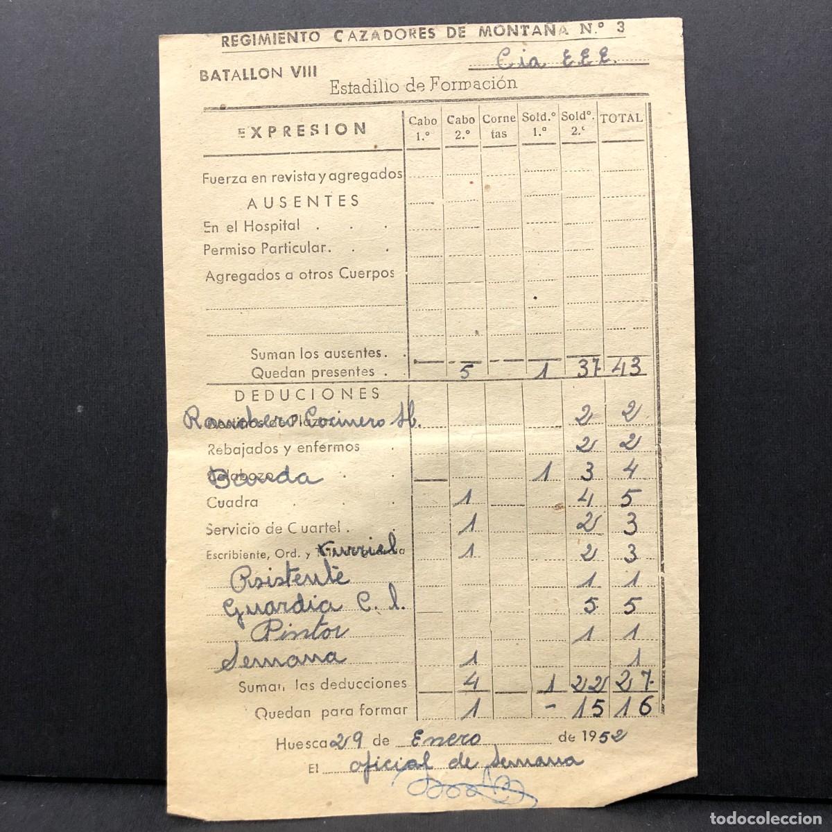 Coleccionismo billetes de transporte: REGIMIENTO ARTILLERIA DE MONTA&Ntilde;A NUM. 29 - HUESCA - ESTADILLO DE FORMACION - DOCUMENTO MILITAR / 526