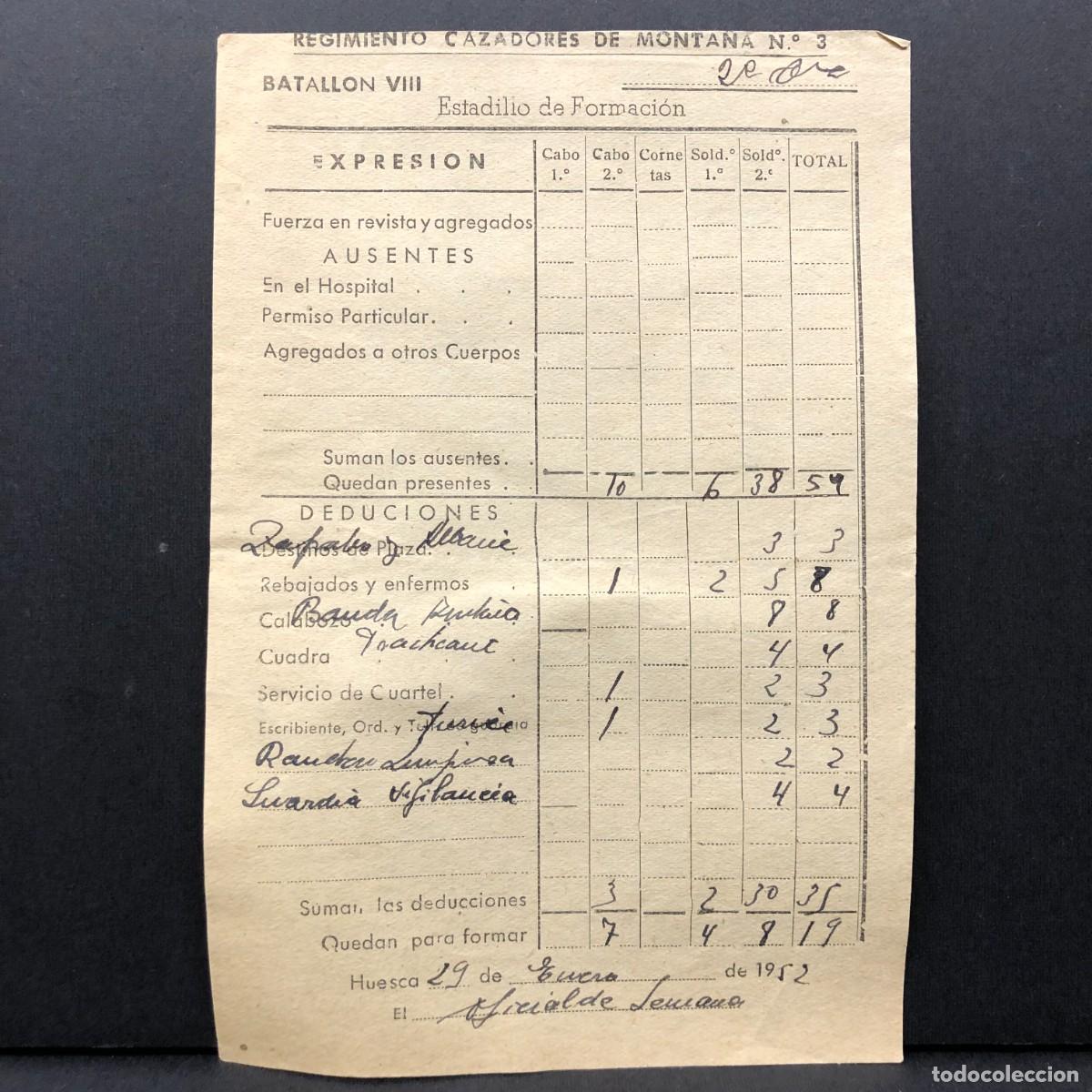Coleccionismo billetes de transporte: REGIMIENTO ARTILLERIA DE MONTA&Ntilde;A NUM. 29 - HUESCA - ESTADILLO DE FORMACION - DOCUMENTO MILITAR / 527