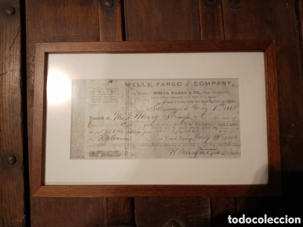 Coleccionismo billetes de transporte: Original Documento Hist&oacute;rico Wells, Fargo & Co. (1868) - Billete de Diligencia Sacramento - Enmarcad