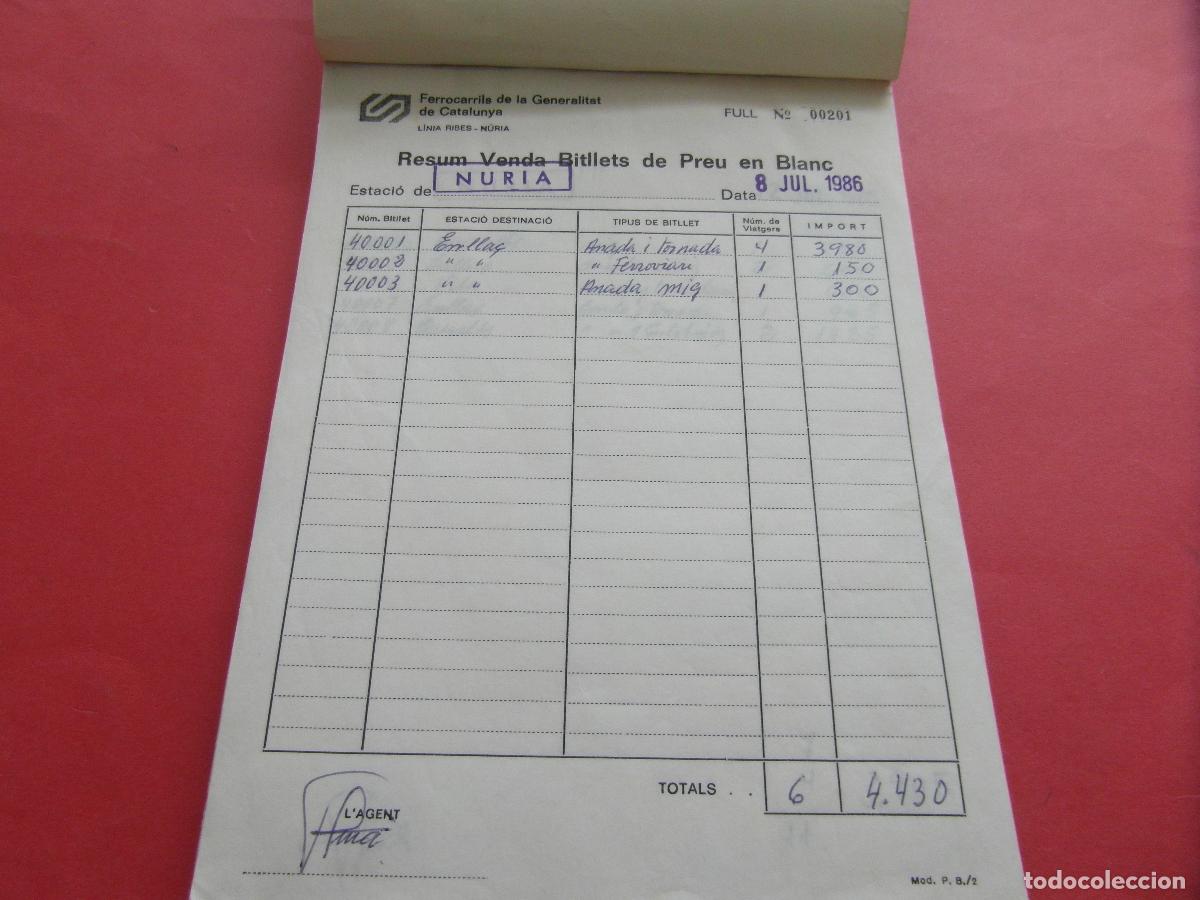 Coleccionismo billetes de transporte: TALONARIO COMPLETO RESUMEN VENTA BILLERES NURIA FERROCARRILES GENERALITAT 1986 RIALP QUERALBS RIBES