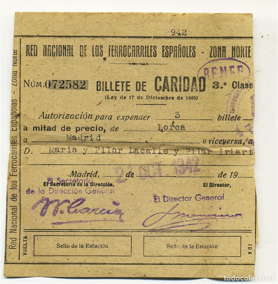 Coleccionismo billetes de transporte: BILLETE DE CARIDAD PARA FERROCARRIL 1942 RECORRIDO LORCA - MADRID