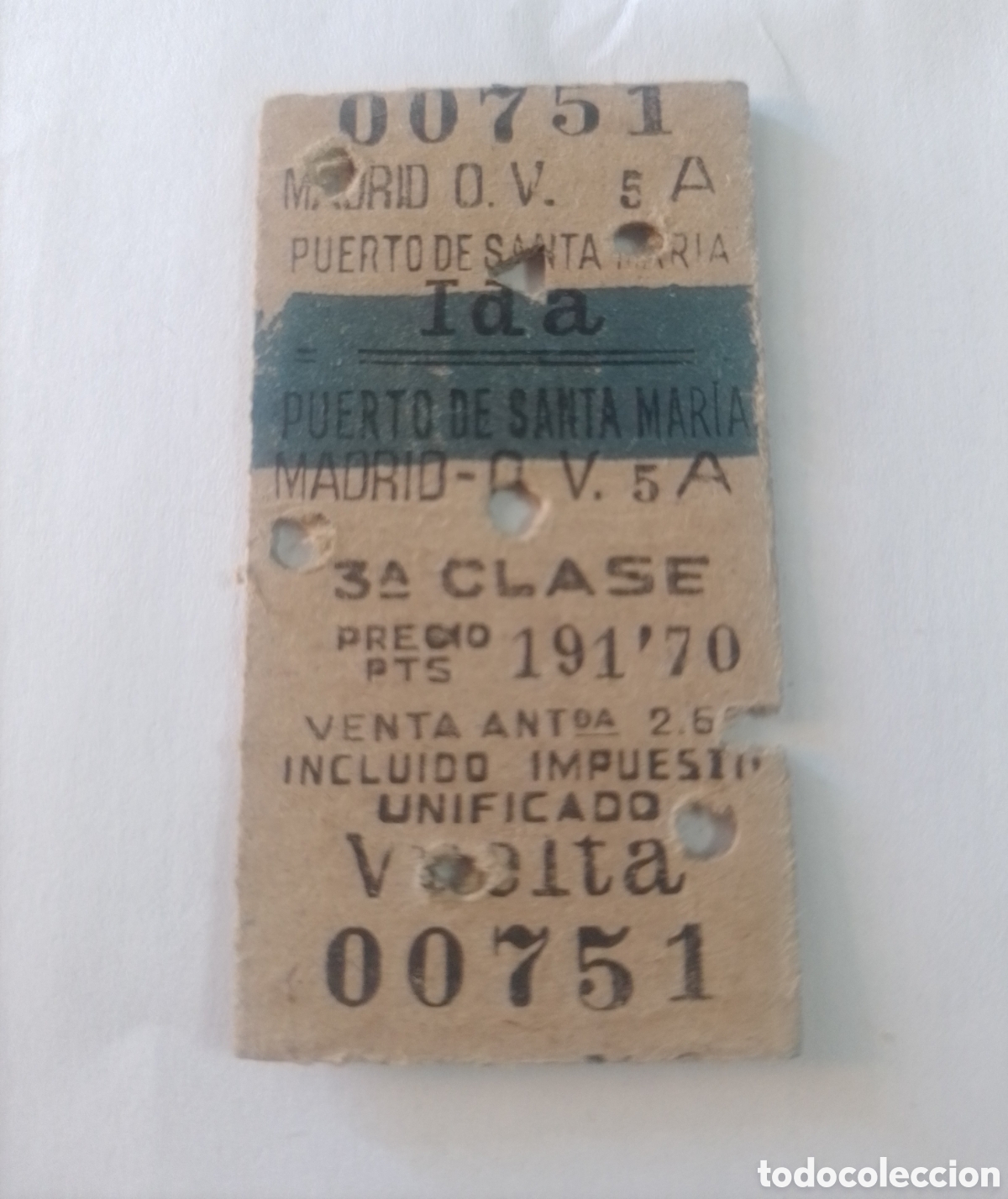 Coleccionismo billetes de transporte: Billete tren Puerto Santa Mar&iacute;a - Madrid.