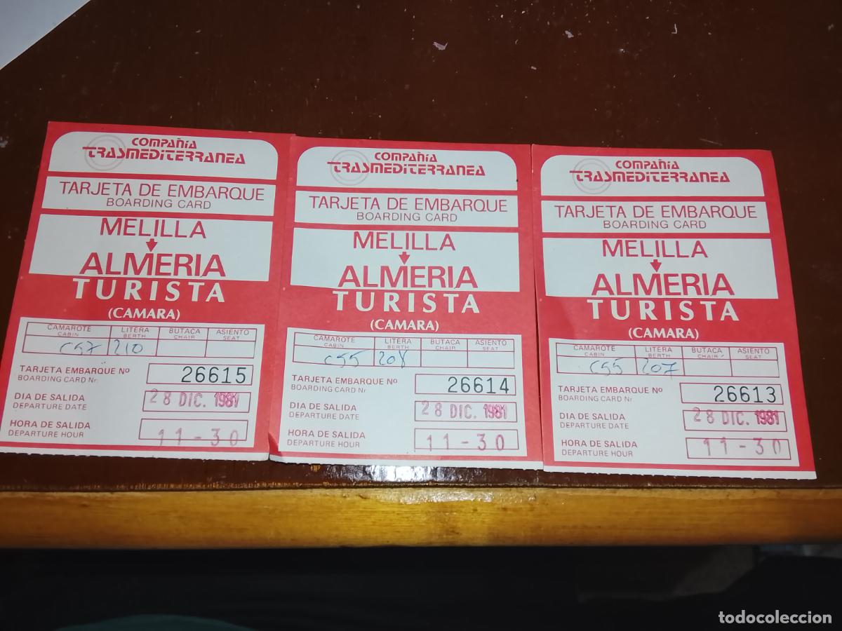 Coleccionismo billetes de transporte: Lote 3 Tarjetas de Embarque Correlativas - Compa&ntilde;&iacute;a Trasmediterr&aacute;nea 1981 - Ruta Melilla - Almer&iacute;a