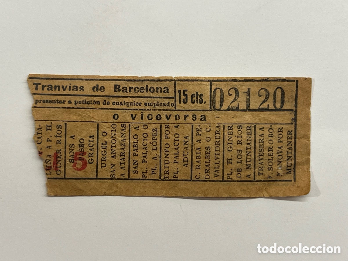 Coleccionismo billetes de transporte: BARCELONA. Billete 15 cts., Tranv&iacute;as de Barcelona. &Eacute;poca Guerra Civil (h.1937?)