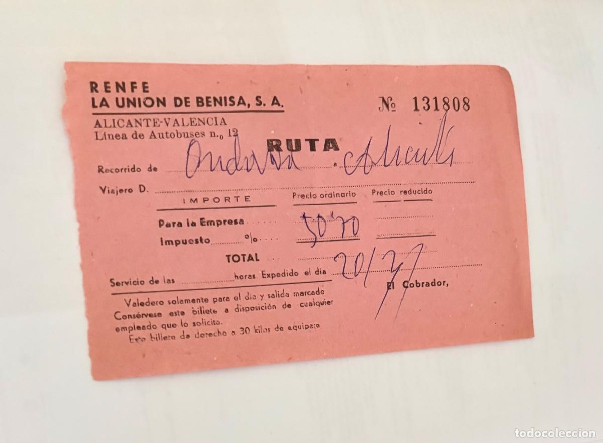Coleccionismo billetes de transporte: ANTIGUO BILLETE DE AUTOBUS RENFE LA UNION DE BENISA - VALENCIA ALICANTE