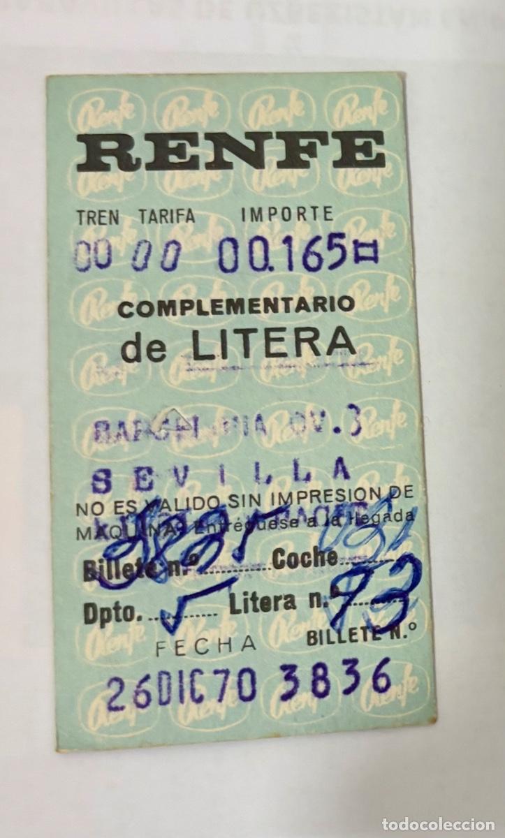 Coleccionismo billetes de transporte: ANTIGUO BILLETE TREN RENFE VIAJE LITERA A&Ntilde;O 1970 - BARCELONA TERMINO A SEVILLA
