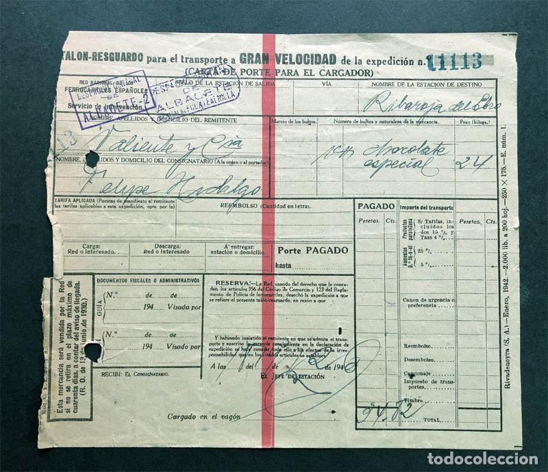 Coleccionismo billetes de transporte: FERROCARRIL GRAN VELOCIDAD 1946 / ALBACETE - RIBARROJA DE EBRO ( Tarragona ) 24 Kg. CHOCOLATE