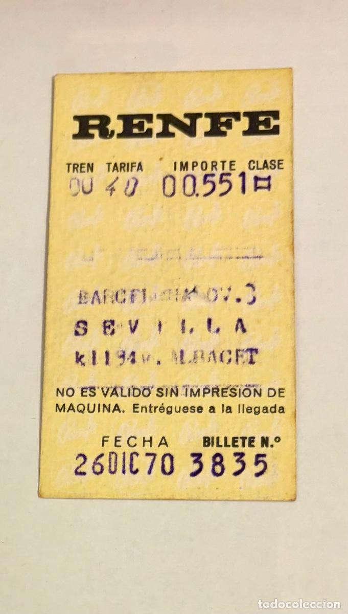 Coleccionismo billetes de transporte: ANTIGUO BILLETE TREN FERROCARRIL RENFE BARCELONA TERMINO a SEVILLA