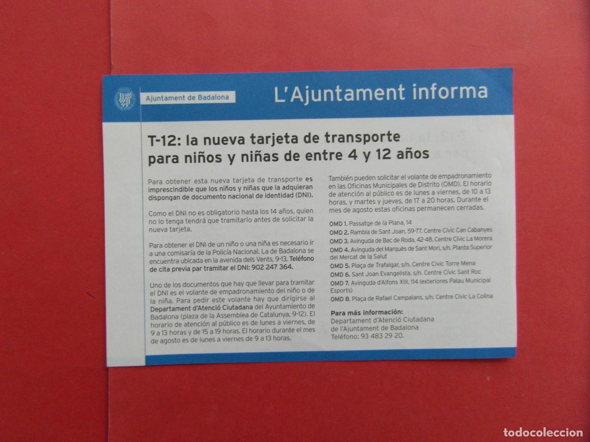 Coleccionismo billetes de transporte: REF: BCN100 - COL. BARCELONA FOLLETO NUEVA TARJETA T-12 DE 4 A 12 A&Ntilde;OS BADALONA -LEEINT