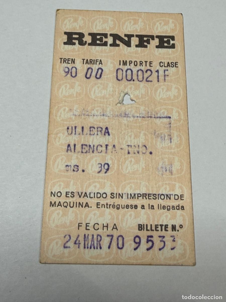 Coleccionismo billetes de transporte: ANTIGUO BILLETE DE FERROCARRIL TREN RENFE DE CULLERA A VALENCIA A&Ntilde;O 1970