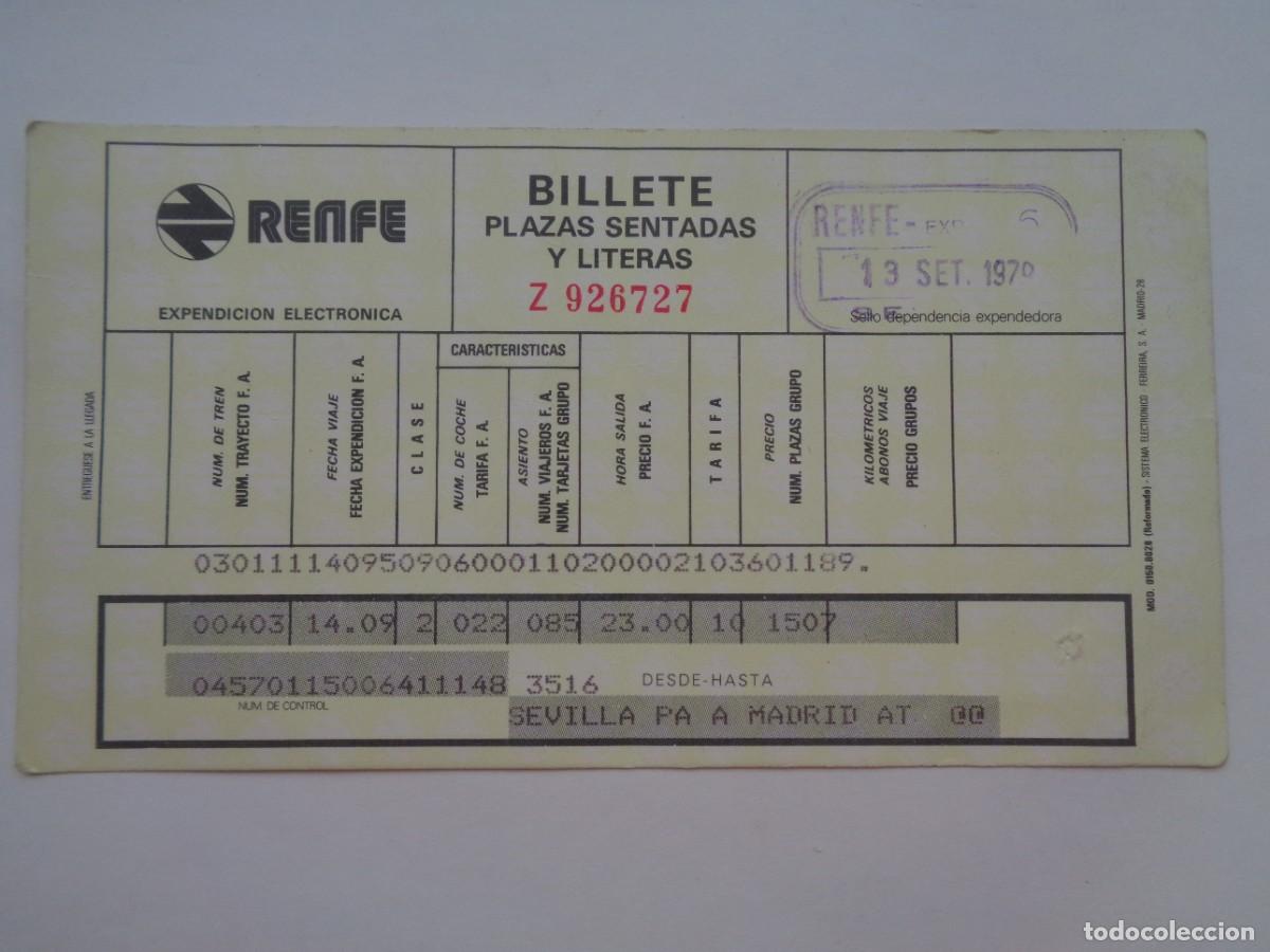 Coleccionismo billetes de transporte: RED FERROCARRILES DE ESPA&Ntilde;A , RENFE : BILLETE PLAZAS SENTADAS Y LITERAS, DE SEVILLA A MADRID 1979