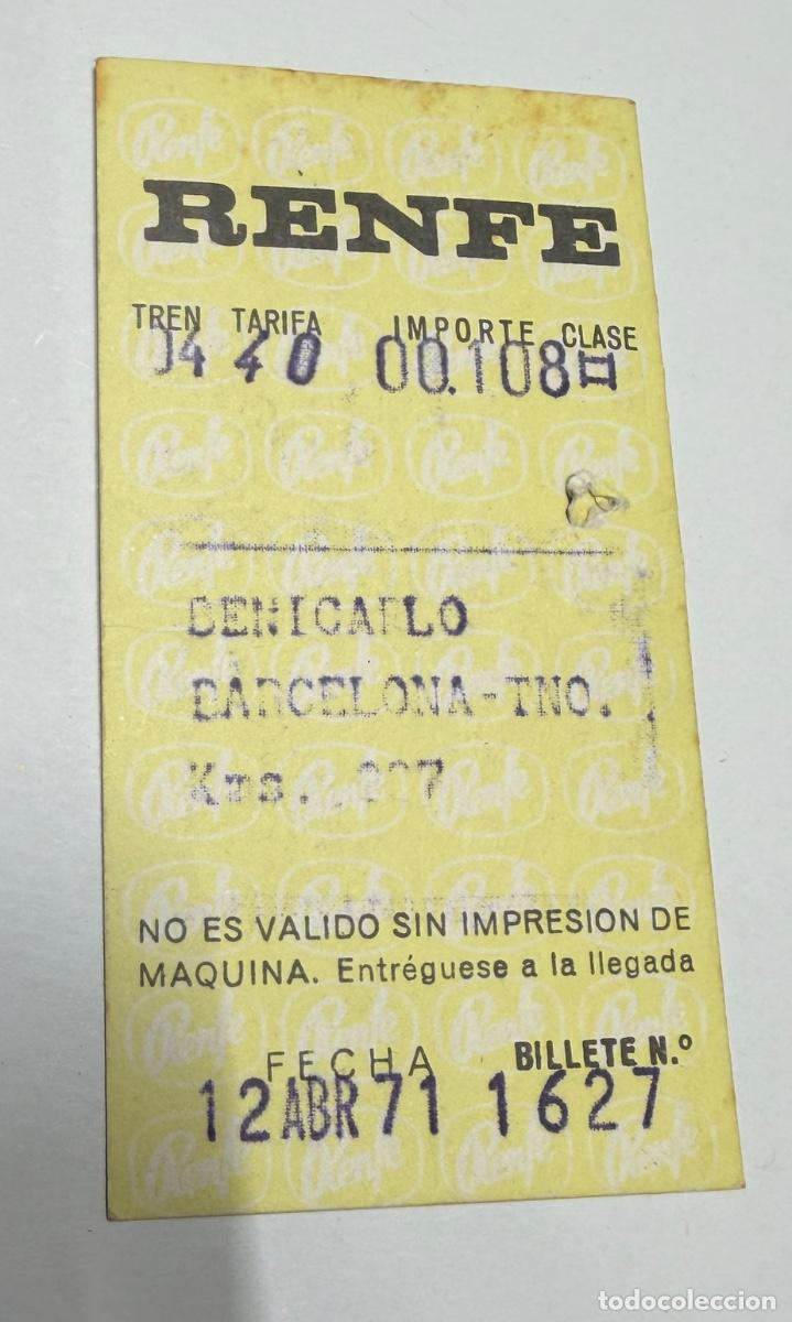 Coleccionismo billetes de transporte: ANTIGUO BILLETE FERROCARRIL RENFE BENICARL&Oacute; a BARCELONA (SELLO SIN ASIENTO)