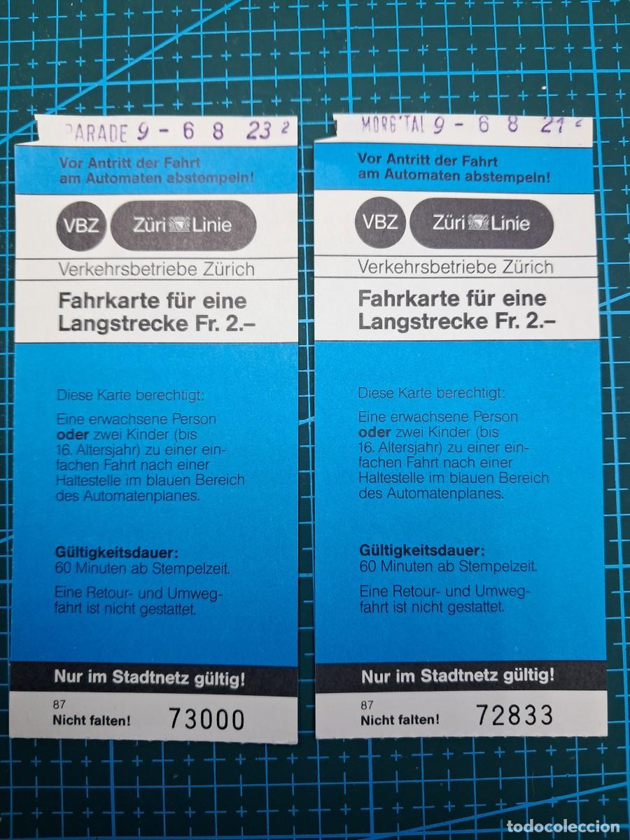 Coleccionismo billetes de transporte: 2 bitelles de Tranv&iacute;a de Zurich de 1 hora - Suiza - 1989