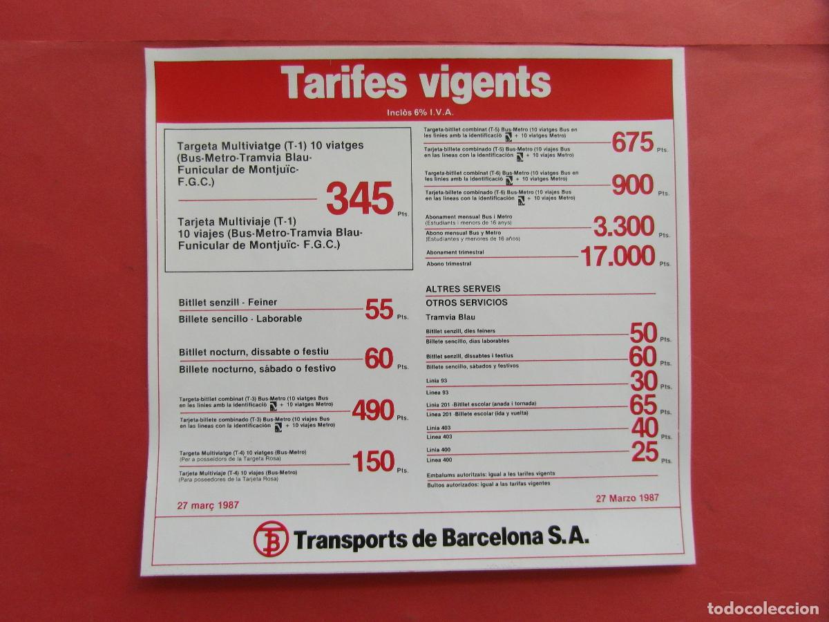 Collectionnisme Billets de transport: REF: BCN100 COL. TRANSPORTE 1 ADHESIVO TARIFAS 1987 AUTOBUSES DE BARCELONA LEEIN