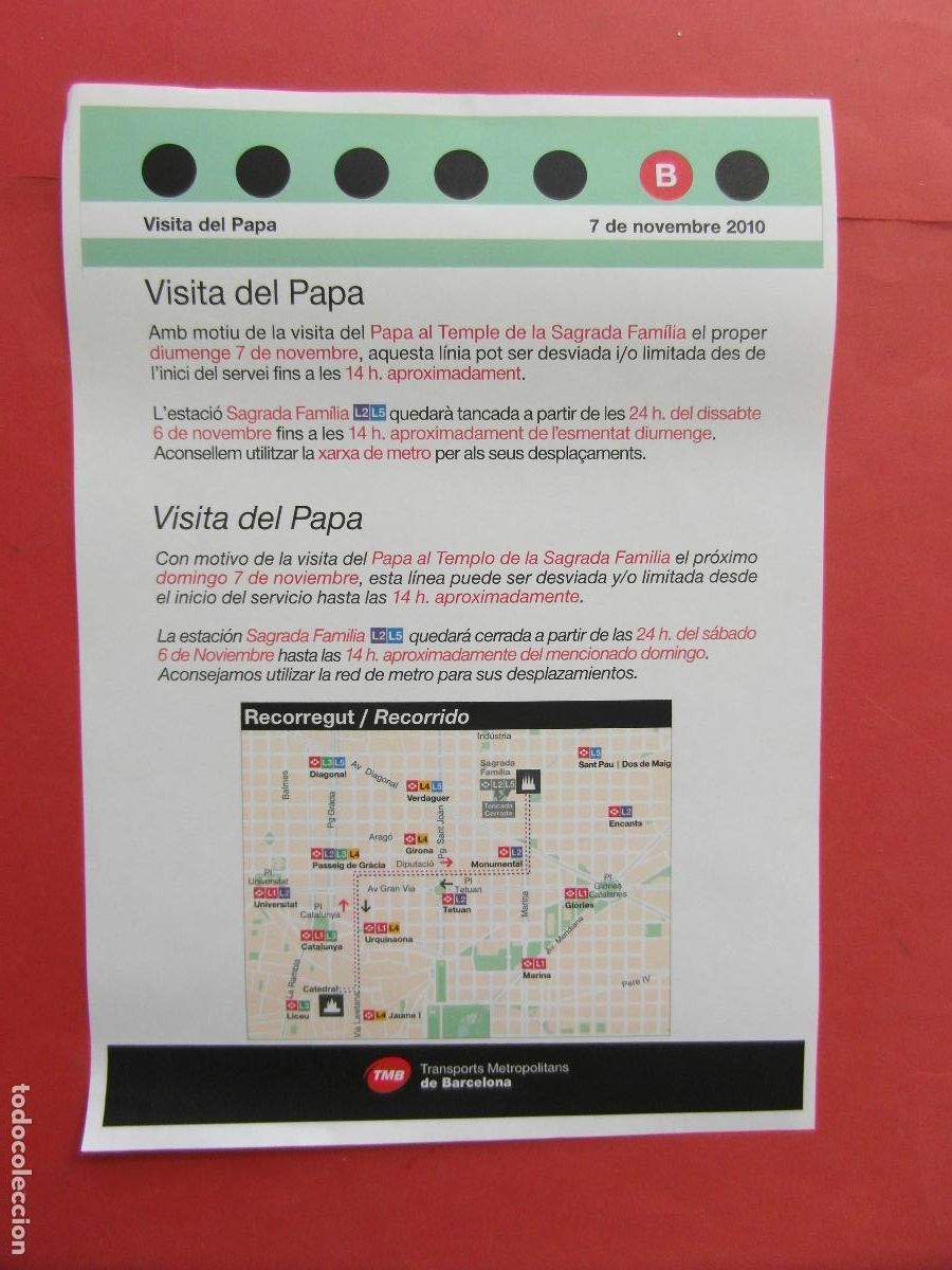 Collectionnisme Billets de transport: REF: BCN100 COL. TRANSPORTE 1 AVISO VISITA PAPA 7 NOVIEMBRE 2010 SAGRADA FAMILIA DE BARCELONA LEEIN