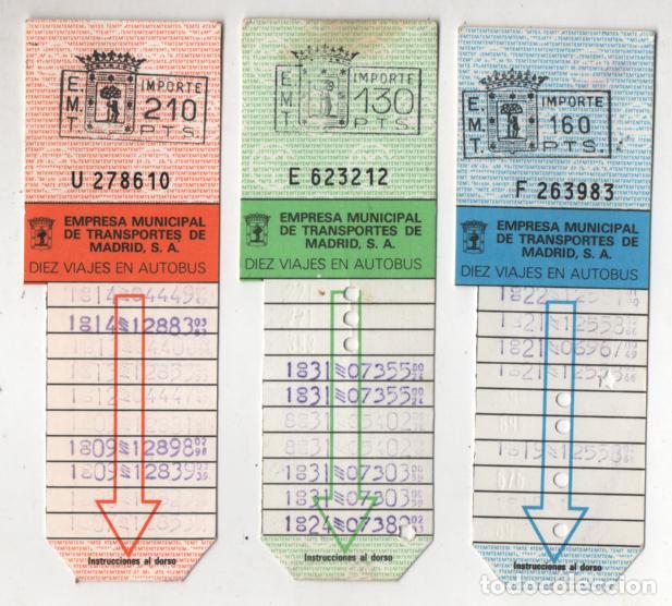 Coleccionismo billetes de transporte: MADRID. BONOBUS. EMT. EMPRESA MUNICIPAL DE TRANSPORTE. UTILIZADOS. LOTE DE 3 COLORES.