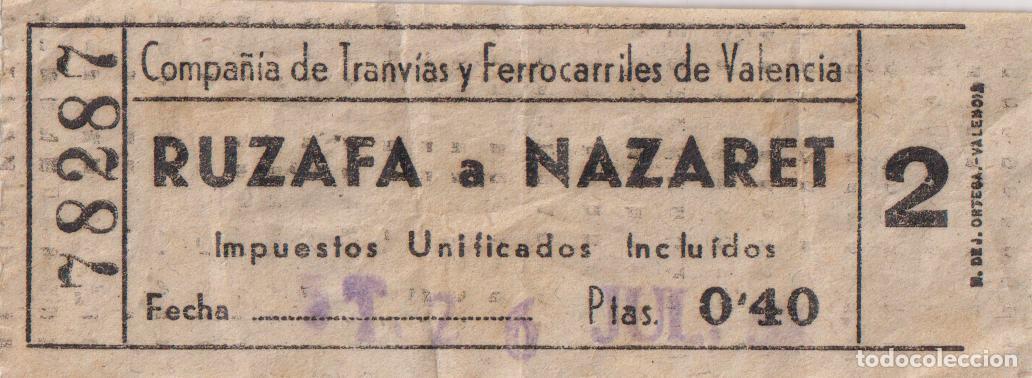 Coleccionismo billetes de transporte: BILLETE ANTIGUO DE TRANSPORTE DE LA C&Iacute;A. DE TRANV&Iacute;AS Y FERROCARRILES DE VALENCIA ENTRE RUZAFA Y NAZA