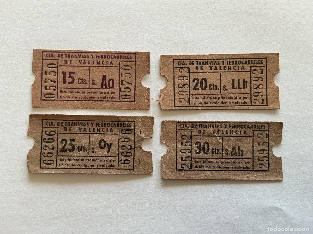 Collectionnisme Billets de transport: 4 BILLETES TREN CIA TRANV&Iacute;AS FERROCARRILES VALENCIA 15 20 25 30 CTS CENTS CAPIC&Uacute;A