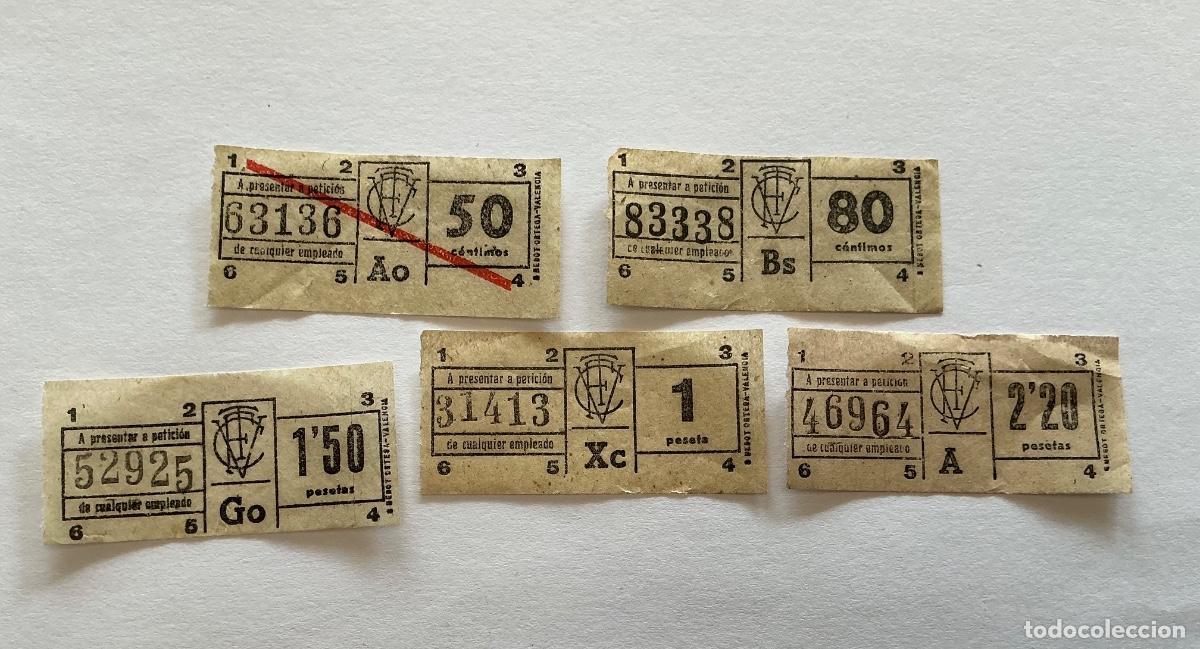 Collectionnisme Billets de transport: 5 BILLETES TRANV&Iacute;A CTFV ANAGRAMA VALENCIA 50 80 1 1&rsquo;50 2&rsquo;20 PTA PESETAS CAPIC&Uacute;A