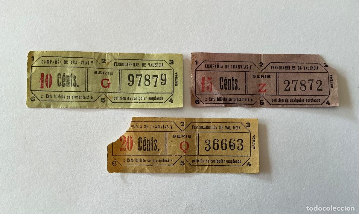 Coleccionismo billetes de transporte: 3 BILLETES COMPA&Ntilde;&Iacute;A TRANV&Iacute;AS FERROCARRILES VALENCIA 10 15 20 CTS CENTS CAPIC&Uacute;A