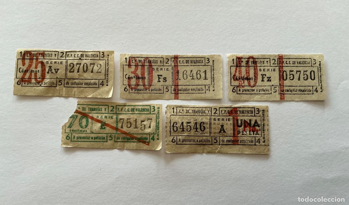Coleccionismo billetes de transporte: 5 BILLETES TREN TRANV&Iacute;AS F.F.C.C. VALENCIA 25 30 40 70 1 CMS C&Eacute;NTIMOS PESETA CAPIC&Uacute;A