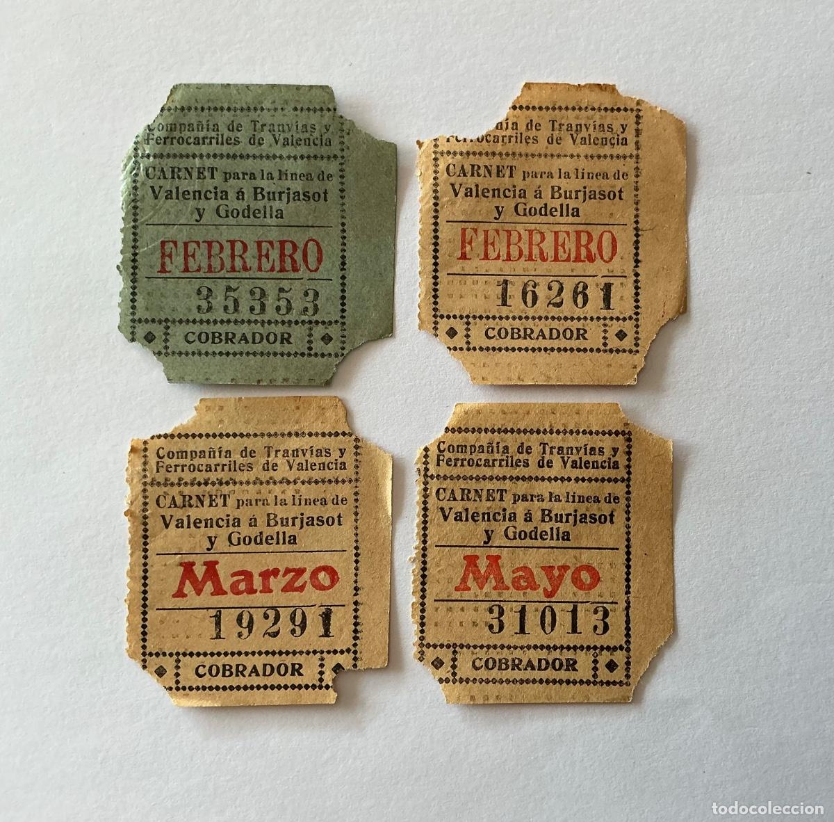Coleccionismo billetes de transporte: 4 BILLETES TREN TRANV&Iacute;AS FERROCARRILES CARNET L&Iacute;NEA VALENCIA BURJASOT GODELLA CAPIC&Uacute;A