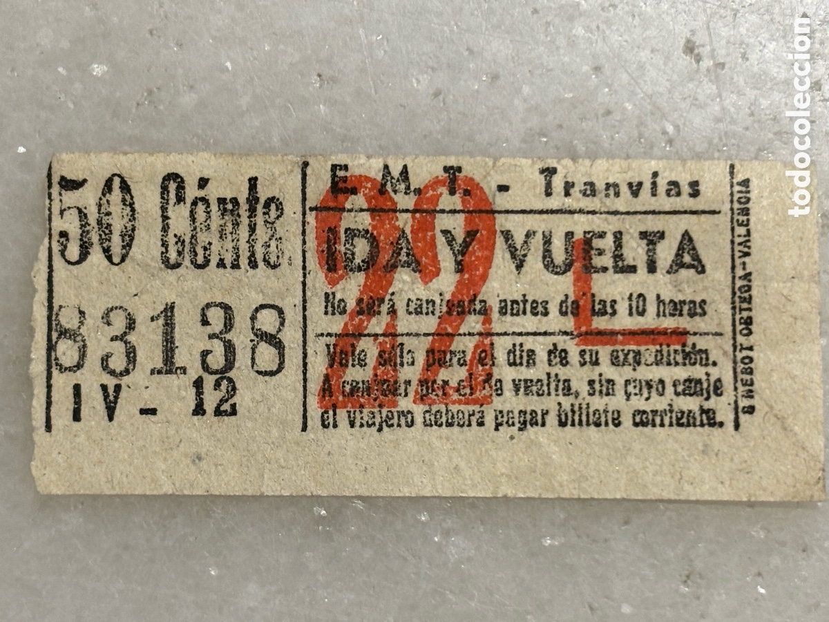 Coleccionismo billetes de transporte: Billete de EMT tranv&iacute;a, ida y vuelta, capic&uacute;a 83138