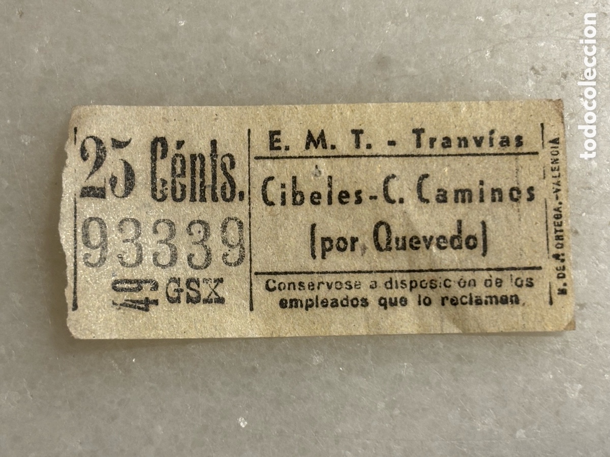 Coleccionismo billetes de transporte: Billete MT tranv&iacute;a Cibeles, cuatro caminos por Quevedo capi Cuba 93339