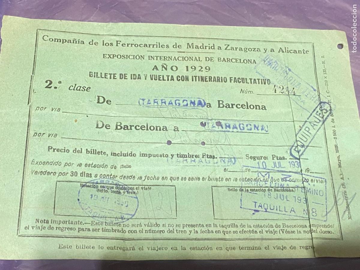 Coleccionismo billetes de transporte: ANTIGUO BILLETE FERROCARRIL BARCELONA TARRAGONA EXPOSICI&Oacute;N INTERNACIONAL 1929