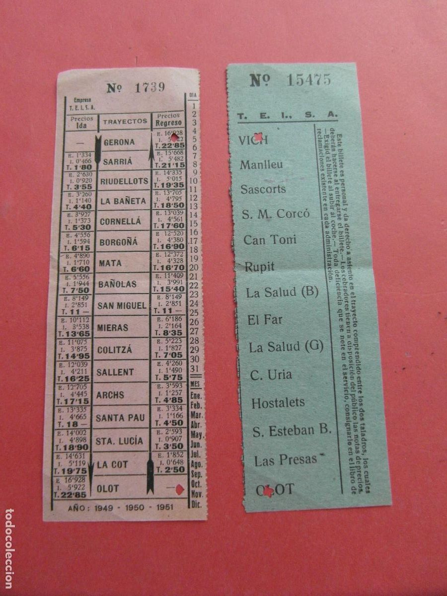 Coleccionismo billetes de transporte: 2 BILLETE TEISA TRANSPORTE ELECTRICO URBANO SA VICH MANLLEU OLOT SASCORTS RUPIT CORNELLA SALLENT