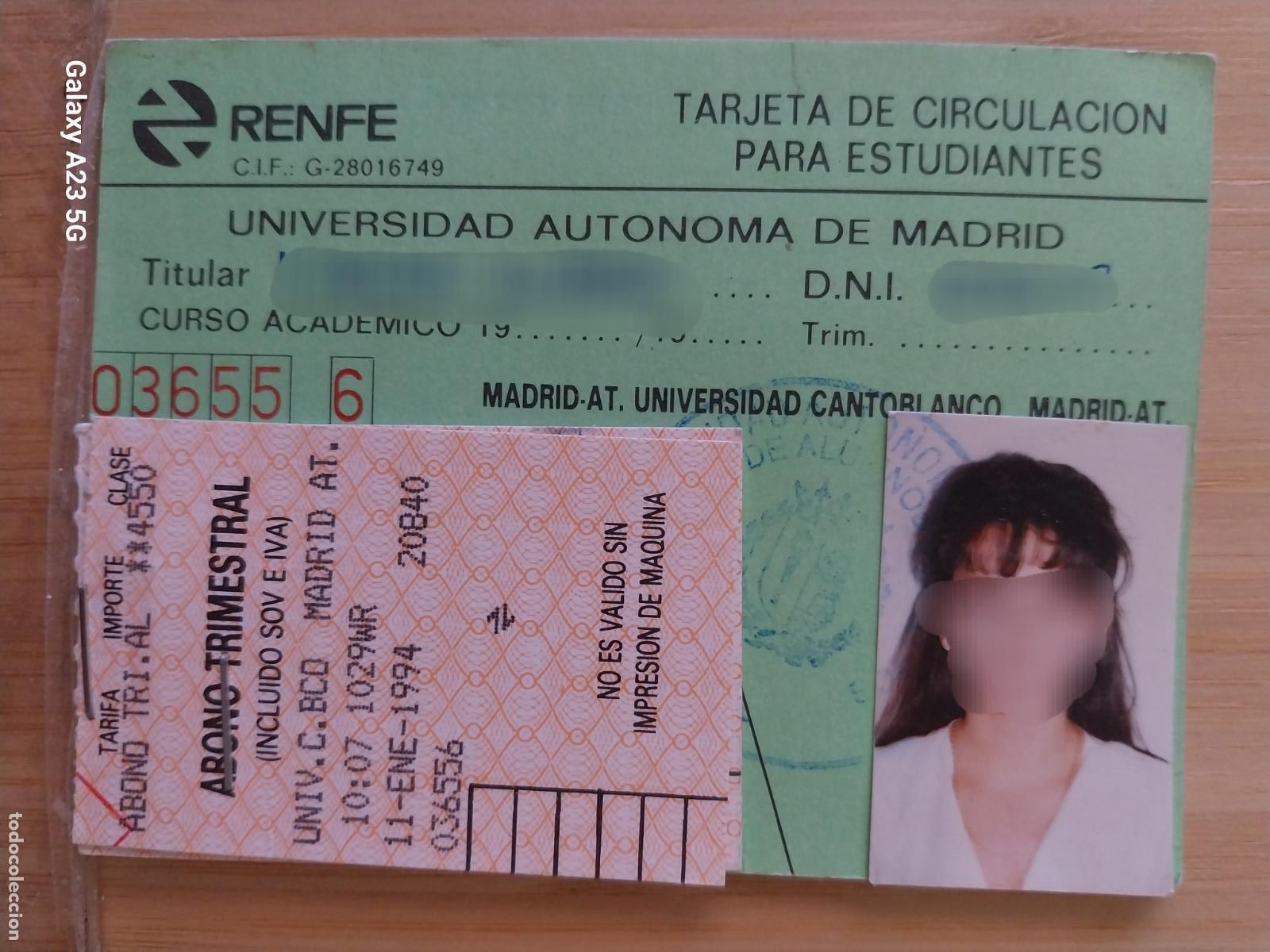 Coleccionismo billetes de transporte: RENFE TARJETA CIRCULACION ABONO UNIVERSIDAD AUTONOMA MADRID AT - UNIV CANTOBLANCO ORIGINAL 1994