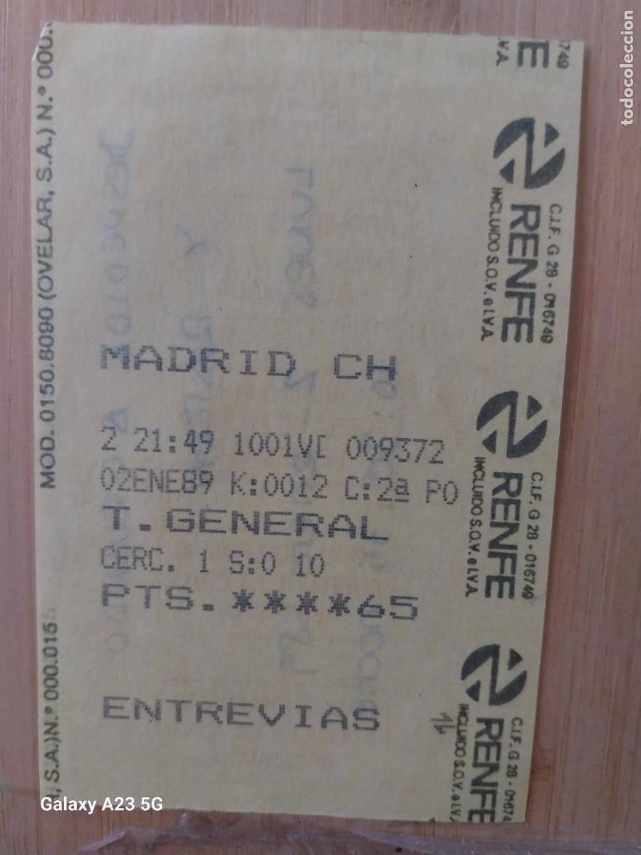 Coleccionismo billetes de transporte: RENFE TICKET MADRID CH - ENTREVIAS 2 ENERO 1989 ORIGINAL DORSO ESCRITO 8.2X5.4 CMS BILLETE TREN