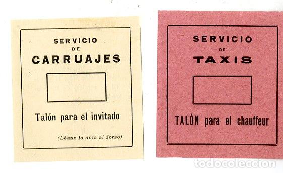 Coleccionismo billetes de transporte: Dos talones para invitado y chauffeur de servicio de taxis y carruajes