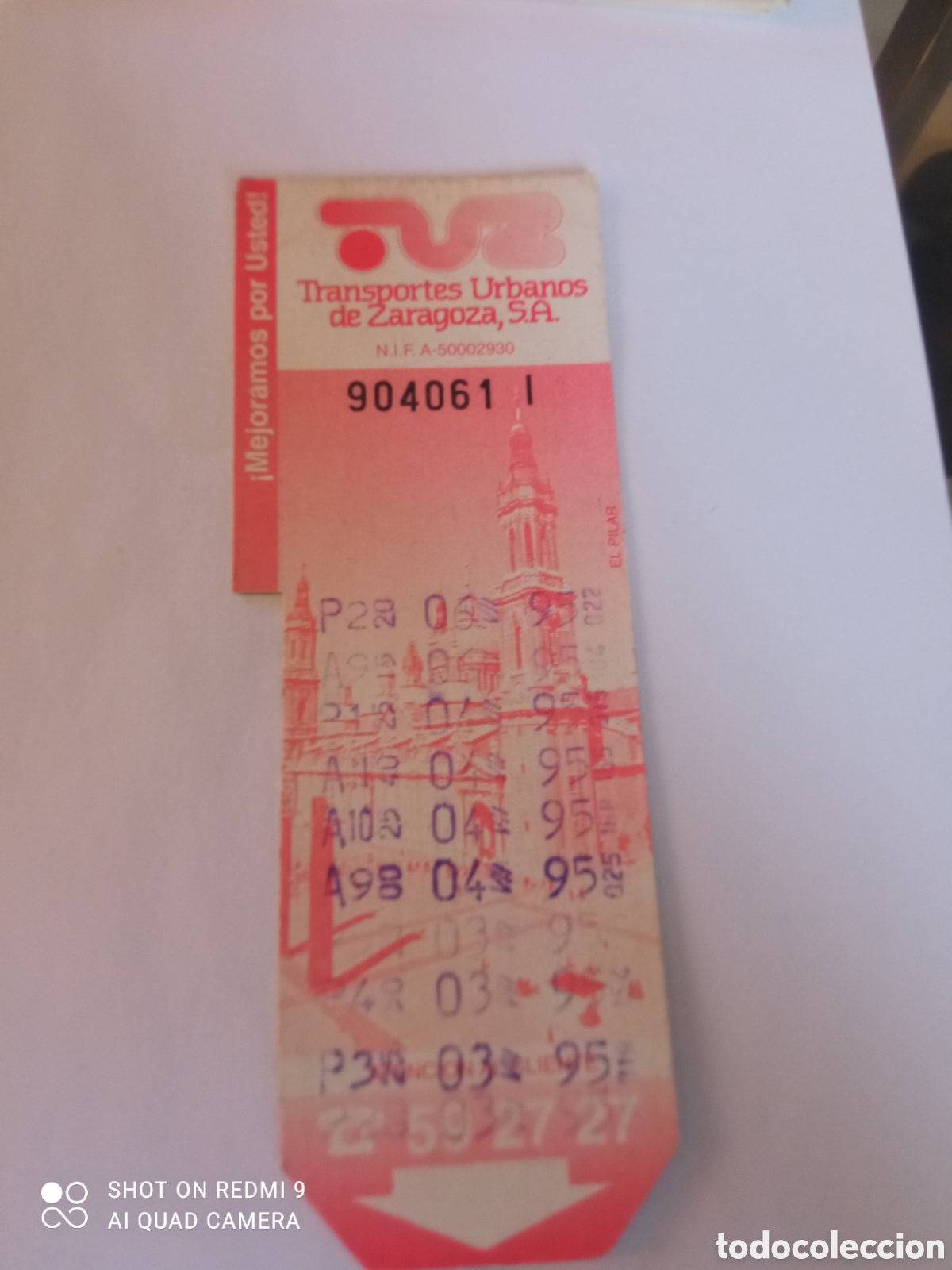 Coleccionismo billetes de transporte: Billete de Transporte urbano ZARAGOZA, S.A. A&Ntilde;OS 90S (EL PILAR)