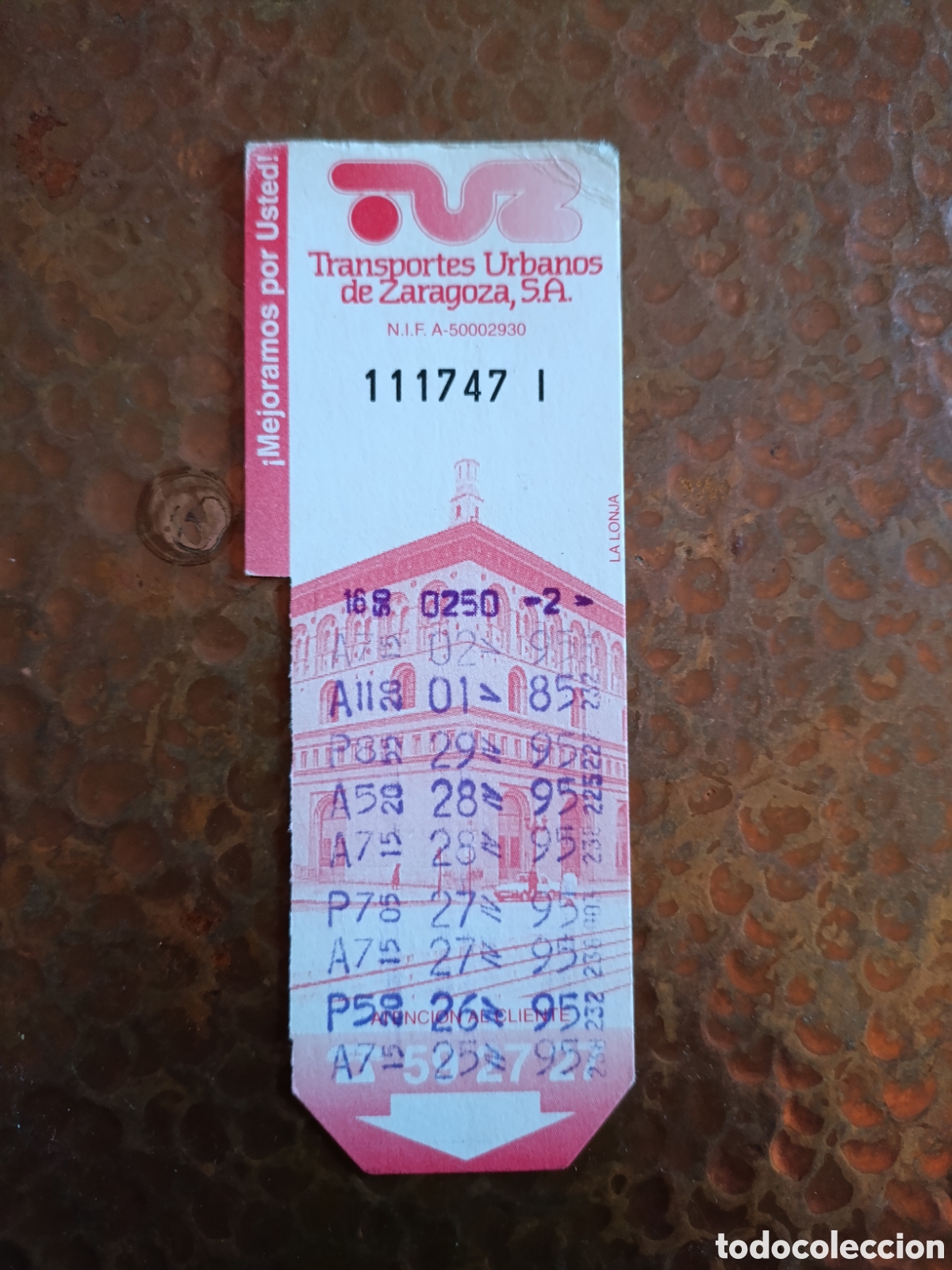 Coleccionismo billetes de transporte: Billete de Transporte urbano ZARAGOZA, S.A. A&Ntilde;OS 90S (LA LONJA)