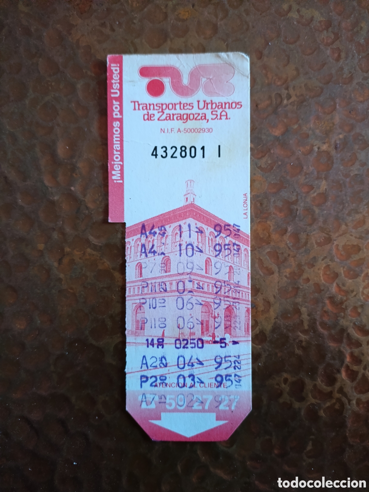 Coleccionismo billetes de transporte: Billete de Transporte urbano ZARAGOZA, S.A. A&Ntilde;OS 90S (LA LONJA)