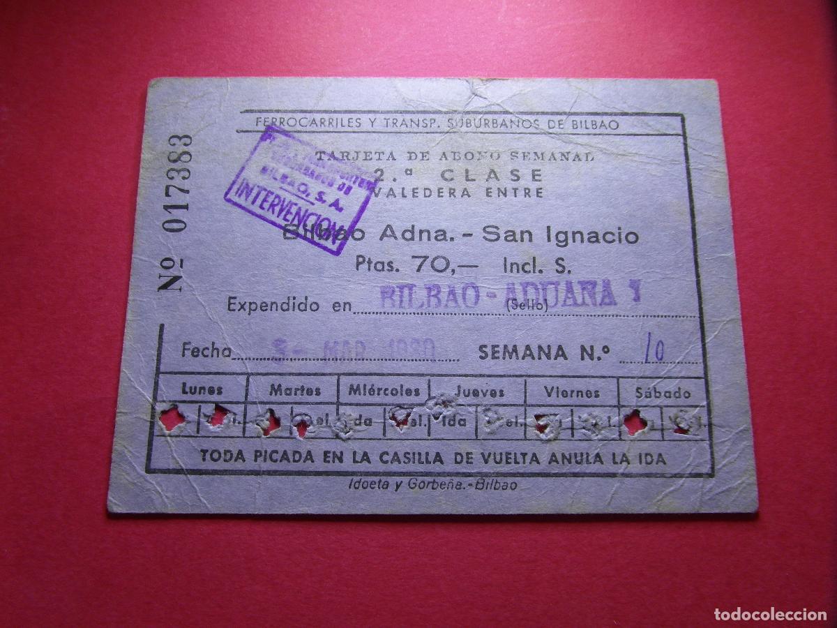 Coleccionismo billetes de transporte: COLECCION BILBAO - TARJETA ABONO FERROCARRILES Y TRANSPORTE SUBURBANOS DE BILBAO ADUANA SAN IGNACIO