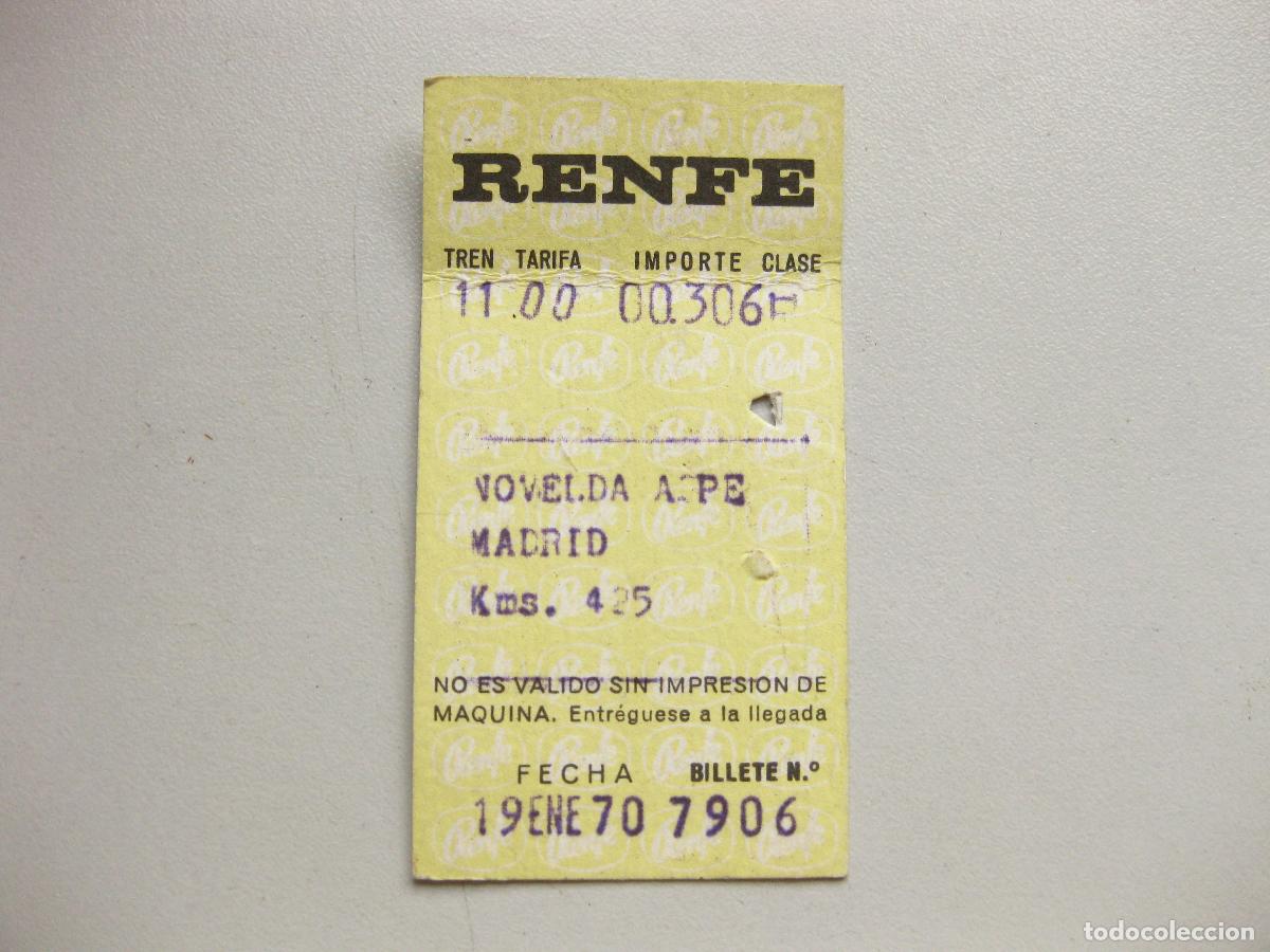 Coleccionismo billetes de transporte: BILLETE DE RENFE DE 1970. NOVELDA MADRID
