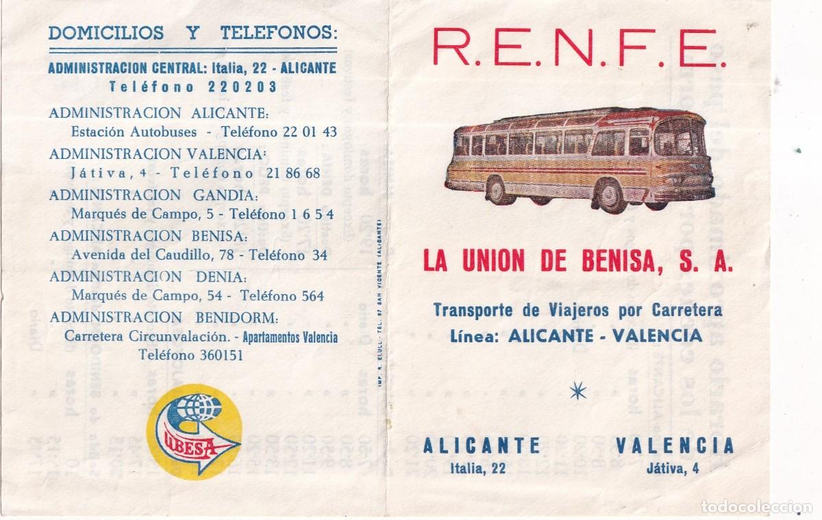 Sammeln von Fahrkarten: Folleto Renfe La uni&oacute;n de Benisa S. A. Linea Alicante Valencia. Horario del paso por Benidorm.