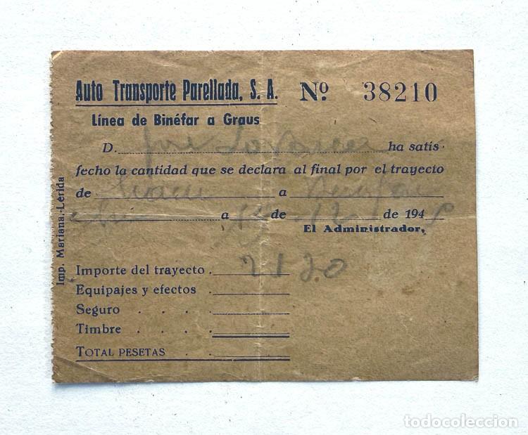 Coleccionismo billetes de transporte: BILLETE A&Ntilde;OS 40 / AUTO TRANSPORTE PARELLADA / L&Iacute;NEA DE BINEFAR A GRAUS / HUESCA