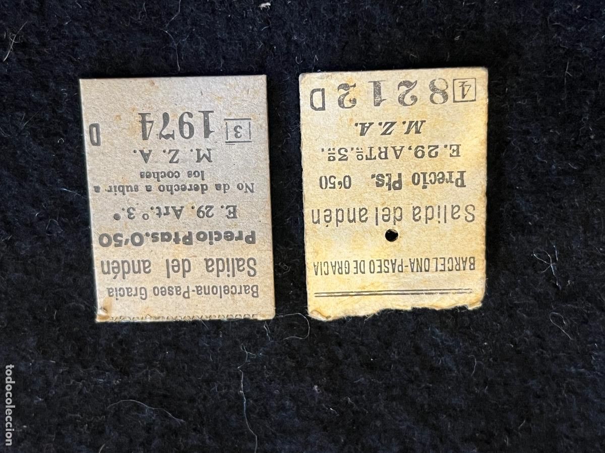 Collectionnisme Billets de transport: Lote de 2 billetes antiguos de tranv&iacute;a Barcelona Paseo de Gracia &ndash; Salida del and&eacute;n &ndash; 0,50 pesetas